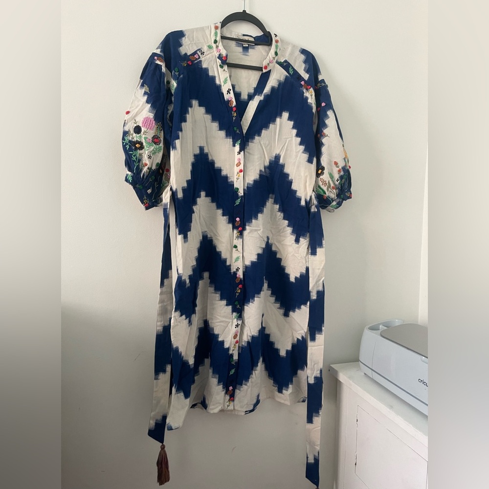 Blue Zig Zag Dress With Multi Embroidery